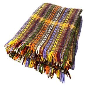 Amana Woolen Mills Soft Woven Fringed Wool Blanket Vintage 70s Colorful